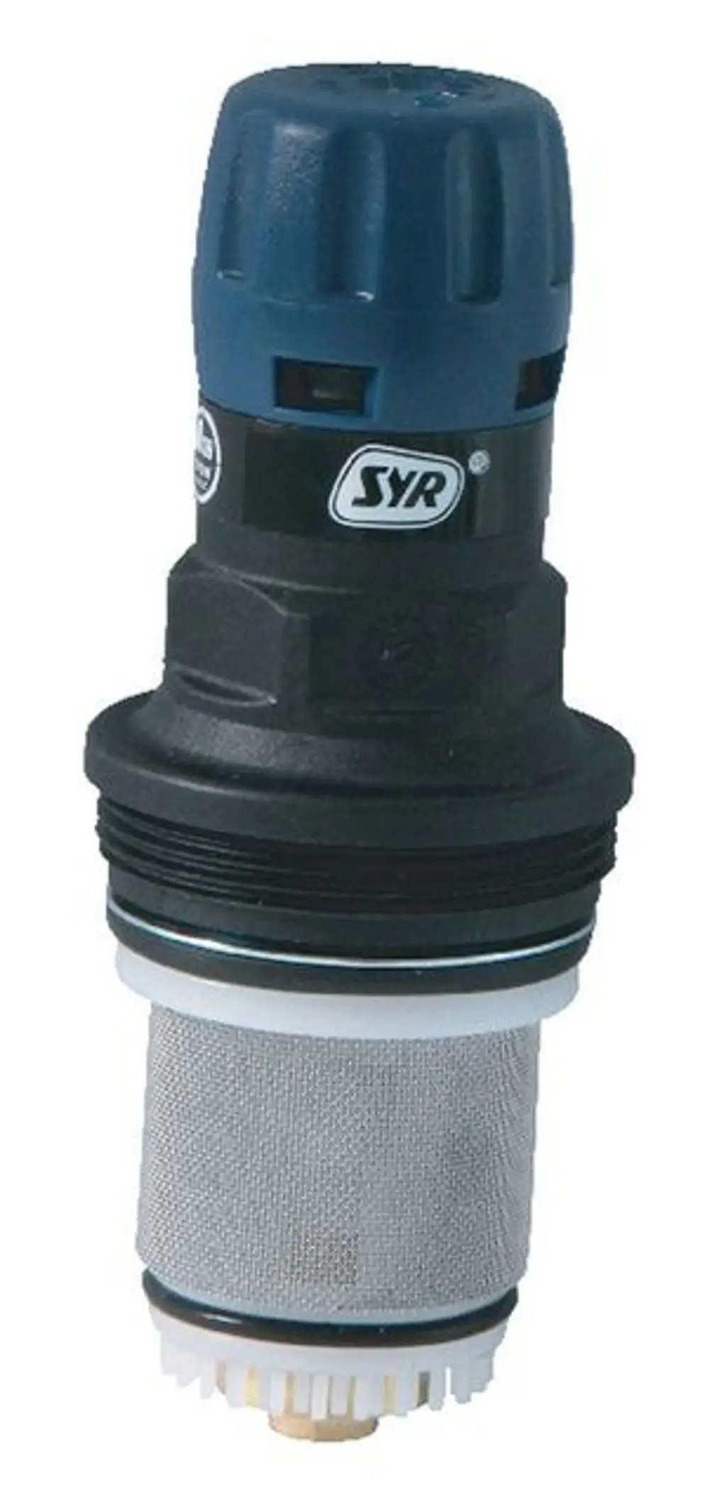 Druckmindererpatrone mit blauer Kappe und feinem Filtersieb. Auf der Vorderseite ist das Logo der Marke Syr deutlich sichtbar.